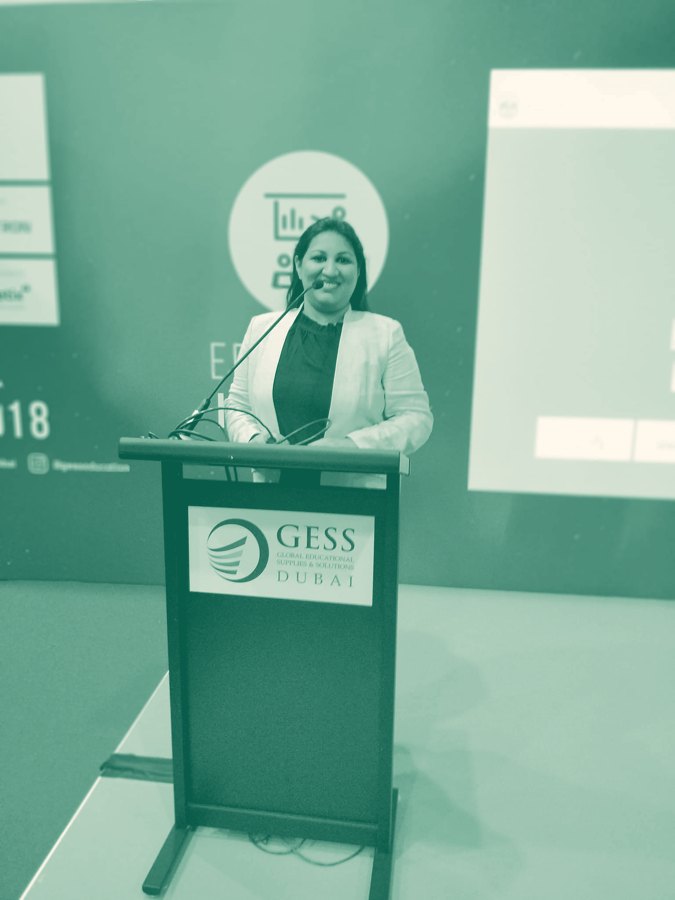 Greshma Momaya at the podium at GESS Dubai