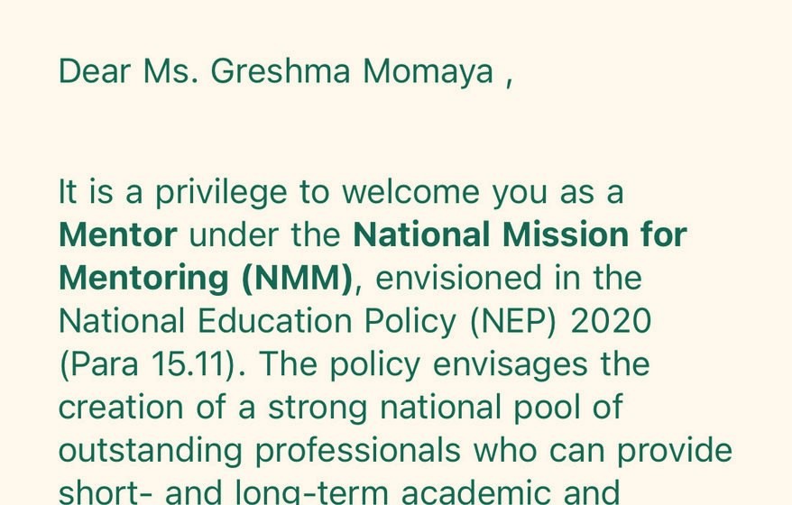 Opening of her letter of appointment as a mentor under the National Mission for Mentoring